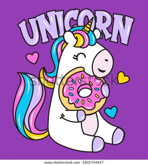 Unicorn Eating Donut Hearts Stock Vector Royalty Free 1802744647
