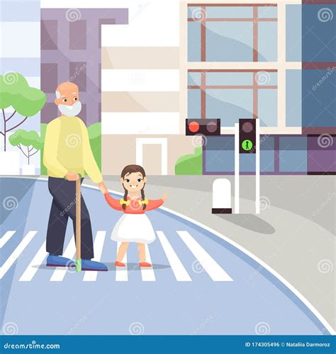 Old Man Crossing Street Flat Vector Illustration Crosswalk Traffic