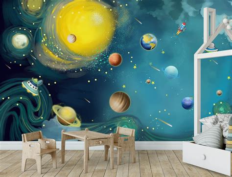 Blue Space Wallpaper Kids Bedroom Wall Mural Peel And Stick Etsy