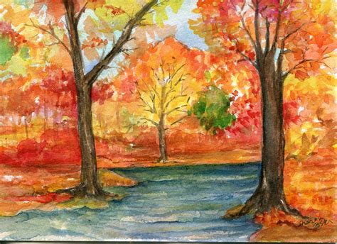 Original Autumn Landscape Watercolor Painting Fall Leaves Etsy