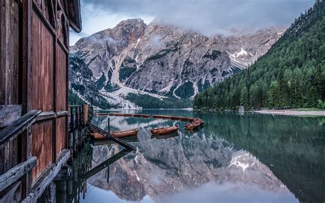 Image Italy Lago Di Braies Nature Mountain Lake Boats 1920x1200