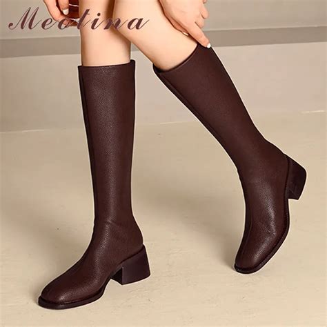 Meotina Women Genuine Leather Knee High Riding Boots Square Toe Thick