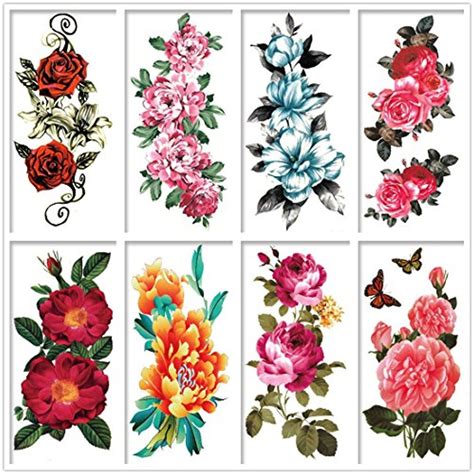 Pack Of 8premium Temporary Tattoos Assorted Rose Peony Flowers Waterproof Stickers For Girls