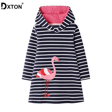 Dxton Cotton Kids Dresses Hooded Girls Dress Stripe Autumn Winter Girls