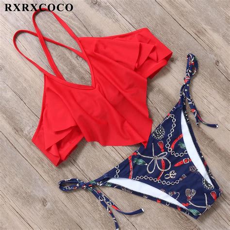 Rxrxcoco Bikini 2019 New Arrival Swimwear Women Set Printed Bathing Suit Push Up Ruffle Swimsuit