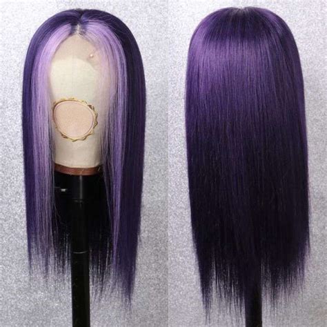 Thea Human Hair 150 Density Straight Dark Purple Wig With Light Purple Highlights Lace Front Or