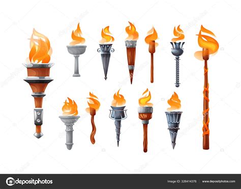 Medieval Realistic Torch With Burning Fire Set — Stock Vector