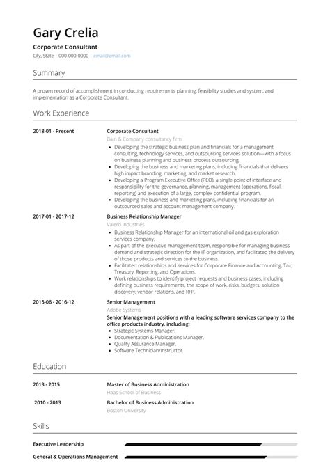 Browse thousands of consultant resumes examples to see what it takes to the contents of your consultant resume are directly affected by your previous work experience, education, skills, and future career aspirations. Corporate Consultant - Resume Samples and Templates | VisualCV