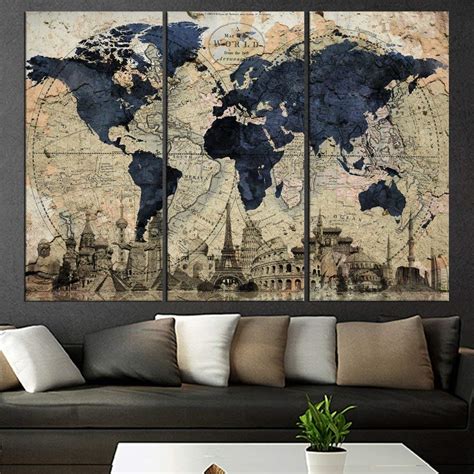 Huge World Map Global Hd Canvas Print Retro Giant Picture