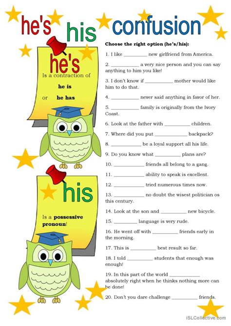 His And Hes Confusion General Gramm English Esl Worksheets Pdf And Doc