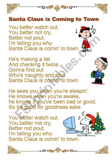Lyrics Santa Claus Is Coming To Town Grammar Worksheets Worksheets