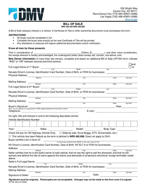 Free Nevada Bill of Sale Template - DMV Test Pro