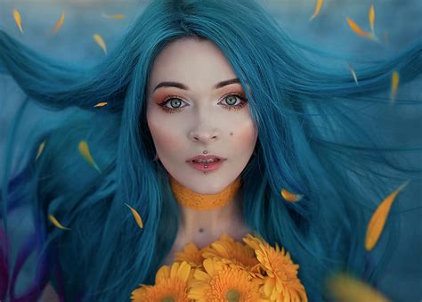 Close Up Portrait Of A Girl With Blue Hair Photograph By Marina