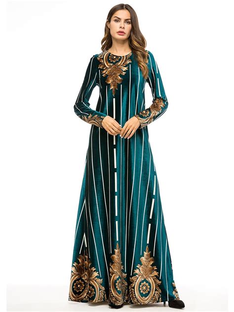 Muslim Women Long Sleeves Velvet Embroidery Dubai Dress Maxi Abaya Jalabiya Islamic Women