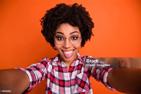 Close Up Photo Of Pretty Lady Making Selfies Amazing Mood Tongue Out Mouth Wear Specs Casual