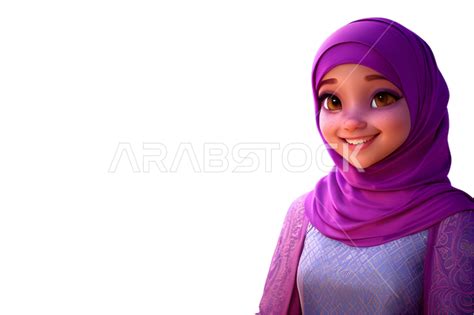 رسم توضيحي ثلاثي الأبعاد لفتاة مسلمه ترتدي الحجاب ايماءات وجه تدل على السعادة والسرور بقدوم شهر