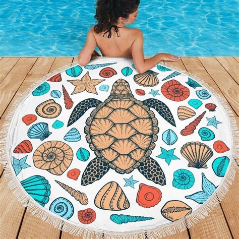 Sea Turtle And Seashells Round Beach Towel Circle Beach Towel Fun
