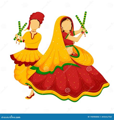 Illustration Of Beautiful Cute Couple Dancing Garba Or Dandiya Dance On