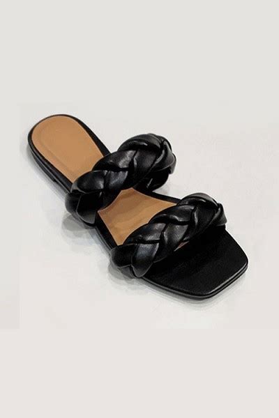 Braided Two Strap Woven Sandals Slides Black