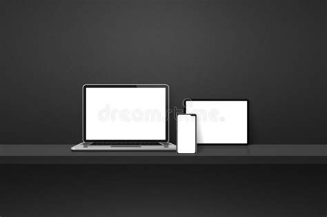 Laptop Mobile Phone And Digital Tablet Pc On Black Wall Shelf
