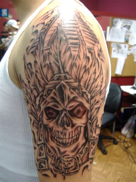 Half Sleeve Aztec Skull Tattoo For Men