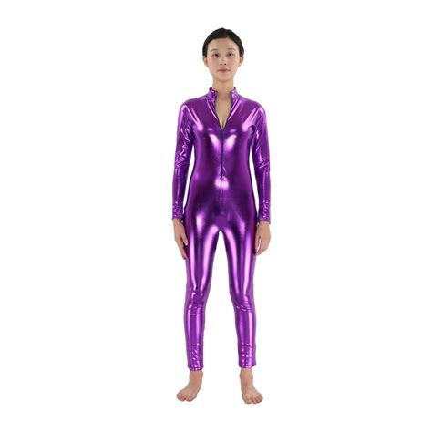 Purple Shiny Metallic Female Zentai Costume Tight Sexy Body Zentai Suit My Xxx Hot Girl