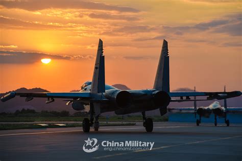 Fighter Jets Taxi To Runway At Sunset China Military