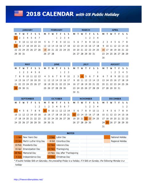 2018 Usa Public Holidays Calendar
