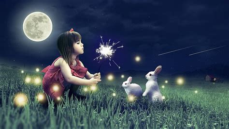 Hd Wallpaper Cute Girl Cute Rabbits Grass Night Moon Sky Full