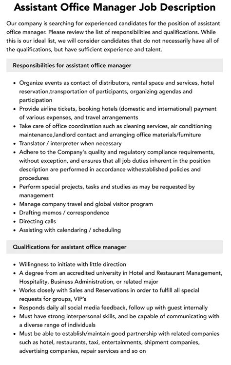Assistant Office Manager Job Description Velvet Jobs
