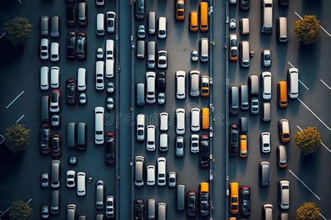 Dense Urban Traffic And Busy Parking Lots Aerial View Car Parking