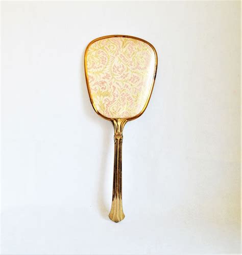Mid Century Hand Mirror Floral Gold Pink Etsy Hand Mirror Gold