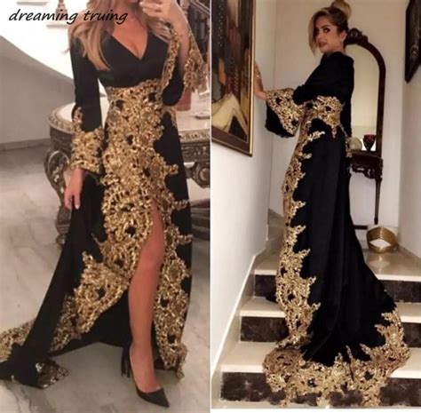 kaftan dubai style muslim evening dresses long sleeves black velour gold appliques ladies formal
