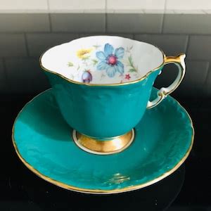 Aynsley Tea Cup And Saucer Fine Bone China England Teal Color Etsy