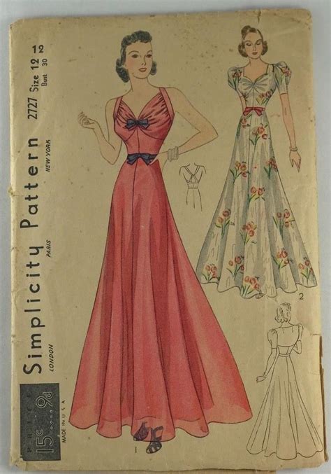 Simplicity 2727 Ca 1938 Evening Dress Evening Gown Pattern