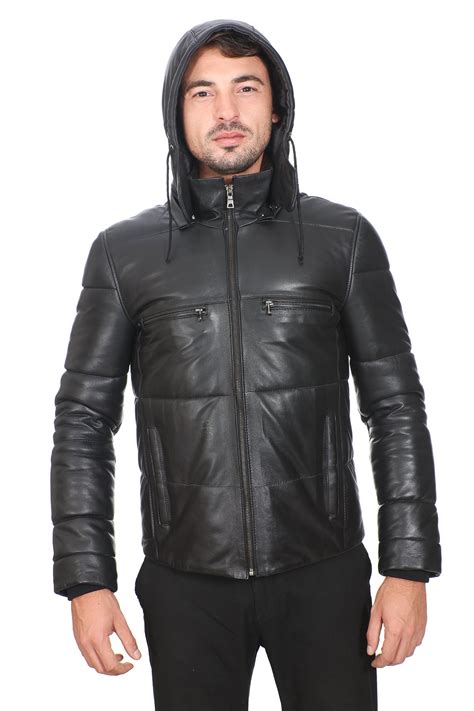 Men S 100 Real Black Leather Hooded Clan Jacket