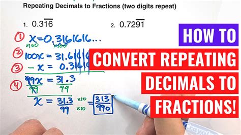 Converting Repeating Decimals To Fractions Two Repeated Digits Youtube