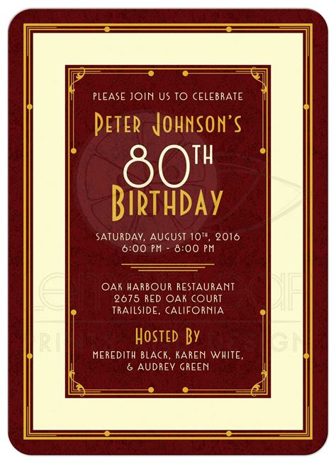 Very nice birthday invitation wording for children's from the day i was born, i filled my mom and my family's heart with joy; Man's 80th Birthday Invitation | Maroon Gold Art Deco