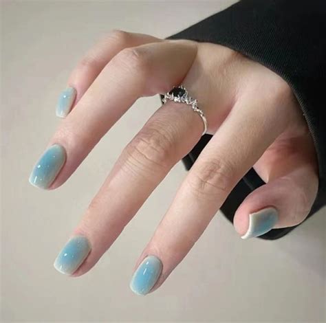 Glossy Sky Blue Ombre Press On Nails Short Square Nails Etsy