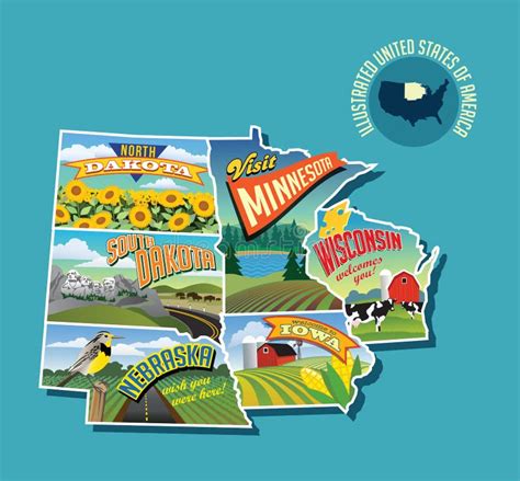 Illustrated Pictorial Map Of Midwest United States Stock Vector Illustration Of Midwest