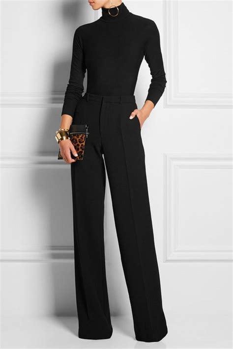 A Fitted Black Turtleneck With Wide Leg Black Pants Is An Easy Classic