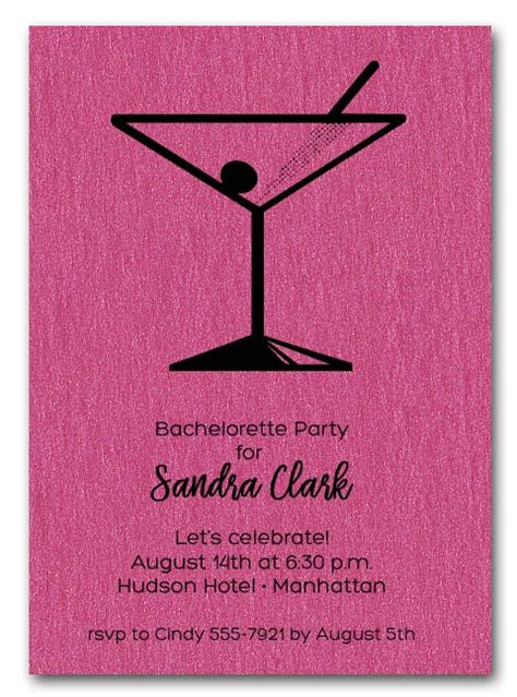 Martini On Shimmery Hot Pink Paper Cocktail Party Invitations