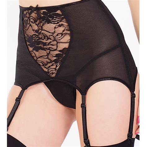 Sexy Plus Size High Waist Lace Hollow Out Front Garter Belt Suspenders With Thong Underwear
