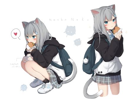 Cat Girl White Background Nekoha Shizuku Long Hair Blue Hair Blue