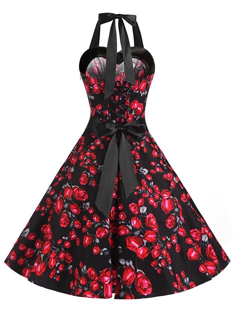 50s Vintage Rockabilly Style Halter Black Floral Print Party Dress On Luulla