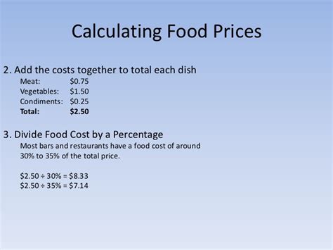 Simple method of calculating food cost food cost percentage formula food purchases / food sales x 100 = food cost percentage. How to Calculate Your Menu Prices