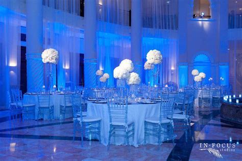 White Silver Decor Blue Uplighting Venue Decor Wedding Reception