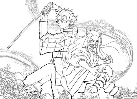 Coloriage Tanjiro And Nezuko In Battle Demon Slayer Jecolorie Com