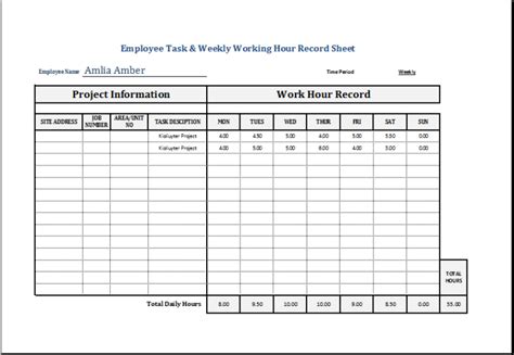 Employee Task And Weekly Working Hour Record Sheet Excel Templates
