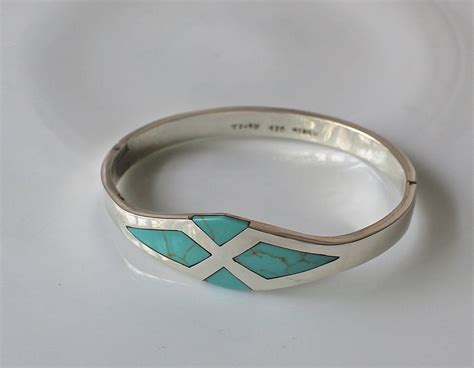 Vintage Inlay Turquoise Cuff Bracelet Sterling Silver Etsy